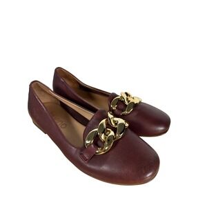 Bueno Burgundy Leather Gold Chain‎ Link Loafers Slip On Flats Size 36 EU 6 US
